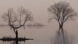 evening calm atmosphere, lake + moon, figure of a horse rider on the horizon