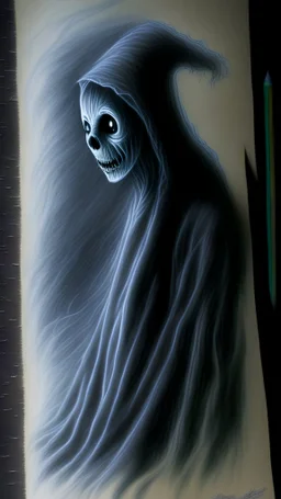 pencil drawing of a ghost. Spooky, scary, halloween, colored pencils, realistic, black paper