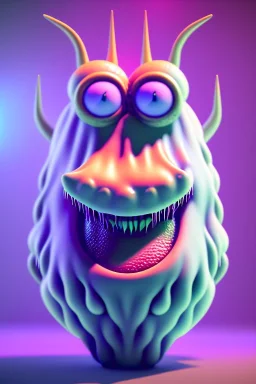 Big ice cream monster, smile, happy, gradient color fog. highly detailed, concept art, unreal engine 5, ray tracing, RTX, lumen lighting, ultra detail, volumetric lighting, 3d, finely drawn, high definition, high resolution.