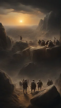 Busch nightmares paining style, thin line draw ,Title:view of an army at the top of the hell hidden and waiting the sunrise to attack a Stone Age village ,8k artistic photography, photorealistic concept art, soft natural volumetric cinematic perfect light, chiaroscuro, award-winning photograph, masterpiece, oil on canvas, Raphael, Caravaggio, Greg Rutkowski, people, beksinski, Giger