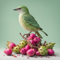 A small bird in light green sitting on several small dragon fruits all on a light background for removal