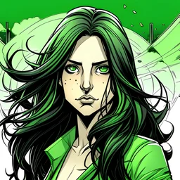create a comic style portrait of a young women with long black wavy hair and green eyes in an apocolypse