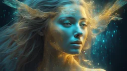 The photo is in a bioluminescent art style depicting a divine woman, embossed, double exposure, bird, Bioluminescent wet translucent glowing skin, ethereal glowing eyes, long neck, bird, perfect face in ultra-realistic detail, gold, flowing hair, The composition imitates a cinematic film with dazzling , gold and silver light effects. Intricate details, sharp focus, crystal clear skin create high detail. 3d, 64k, high resolution, high detail, computer graphics, hyperrealism, f/16, 1/300 sec. digi