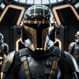 star wars bald male corellian pilot wearing dark gunmetal grey and black First Order special forces TIE pilot armored flightsuit and helmet with gold trim inside the jedi temple, centered head and shoulders portrait, hyperdetailed, dynamic lighting, hyperdetailed background, 8k resolution, volumetric lighting, light skin, fully symmetric details