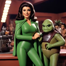 [1960’s stop-motion animation style in the cantina] a 70s advertisement video TV featuring youthful Marina Sirtis as Deanna Troy in a different tones of green velvet suit with a short cape, she is hugging youthful Princess Leia in her iconic Jabba's two pieces swimsuit; as a claymation character toy from a claymation horror movie in burning rainbow land, from hell, creepy Videos, strange creatures everywhere , as old advertisement shot on video VHS