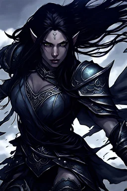 SA female elf with skin the color of storm clouds, deep grey, stands ready for battle. Her long black hair flows behind her like a shadow, while her eyes gleam with a fierce silver light. Despite the grim set of her mouth, there's a undeniable beauty in her fierce countenance. She's been in a fight, evidenced by the ragged state of her leather armor and the red cape that's seen better days, edges frayed and torn. In her hands, she grips two daggers, add dark shadow mystic purple flames