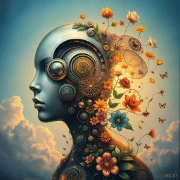 a dreamlike humanoid figure, its face dissolving into a swirl of metallic spirals, mirrored lenses, and abstract botanical shapes. The body flows into intricate glowing symbols and floral patterns that blend into the air. A soft radiant sky in the background gives the sense of the figure hovering between organic life, machinery, and pure imagination. Rich vibrant colors, surreal oil painting texture, poetic and mysterious --ar 3:4 --v 7 --style ultra --q 2
