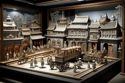 A gray mechanical western town designed in Javanese shadow puppets painted by Edward Hicks