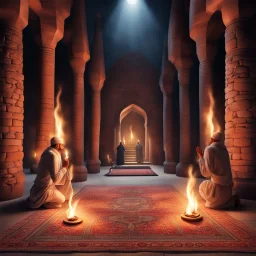 Hyper Realistic people praying inside prehistoric brick mosque with ancient flame torches with tore carpets at night