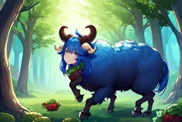 Girl goat horns, blue hair, clearing in forest, goat foot, cabbage in hand , hoof foot