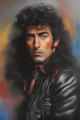 oil painting, text "KISS" - facial portrait with makeup - 20-year-old Dean Martin with long, wavy curly black 1980's style big hair, wearing a black leather jacket, extremely colorful, multicolored watercolor stained wall in the background - in the art style of Boris Vallejo, Frank Frazetta, Julie bell, Caravaggio, Rembrandt, Michelangelo, Picasso, Gilbert Stuart, Gerald Brom, Thomas Kinkade, Neal Adams - explosions, flames, fog, clouds, dust,