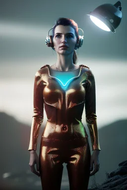 Ultra Realistic retro sci-fi scene, portrait, brunette woman, Ava garner face, perfect iris, glow eyes, makeup. Aliens background, Retro sci-fi style, helmet, tight latex coat, fog, rain, soft color, highly detailed, unreal engine 5, ray tracing, RTX, lumen lighting, ultra detail, volumetric lighting, 3d, finely drawn, high definition, high resolution.