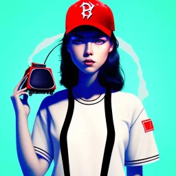 a girl wearing a baseball cap holding a small boombox in her hand, full shot. paint splashes, outrun, vaporware, shaded flat illustration, digital art, trending on artstation, highly detailed, fine detail, intricate