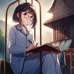 anime girl sitting on a porch swing of an old house, journaling, wearing pajamas, writing in a book, shes watching it rain, more detail on hands and her face,shes deep in her thoughts, wearing glasses, rain drops, she has a pencil in her hand and is writning in the book, she is looking down at what she is writing