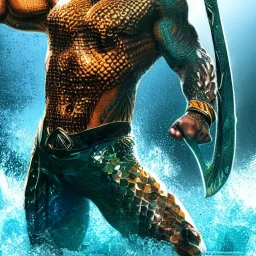 Fantasy, Dwayne Johnson as Aquaman, heroic, award winning, insanely detailed, sunlit, realistic, ocean,acrylic paint, 8k resolution, hdr, trident