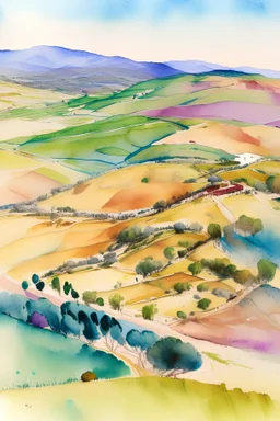 colourful aerial view of Raino Spain landscape in watercolor in pastel