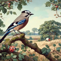 Wildlife painting in the style of Charles Tunnicliffe, showing a European Jay, perched upon the branch of a tree in the English countryside. Modifiers: oil on canvas Art Nouveau 1950s style oil on canvas wildlife art Charles Tunnicliffe ladybird books Art Nouveau oil on canvas oil on canvas
