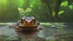 a brown frog with black stripes looking at a river running through a lush green forest, a picture by Jacob Willemszoon de Wet, shutterstock contest winner, ecological art, creative commons attribution, velvia, mobile game art