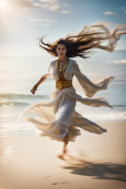 Priestess running on beach with wind