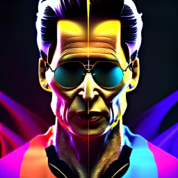 Bright neon colors with deep black ink outlines, portrait of Johnny Cage in his 40's, super detailed, CGI, Deep lucid dream, realism, unreal engine