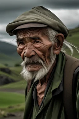 Anciano con ojos buenos, camina lerdo como perdonando el viento, paisaje pampeano