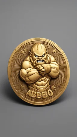 a smooth 3d game graphics circular shaped golden coin with a full body relief print of Abobo