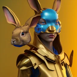 Front portrait, ciber woman with rabbit mask, latex suit, gold pink and blue style, photo studio, vibrant color, highly detailed, concept art, smooth, unreal engine 5, god rays, ray tracing, RTX, lumen lighting, ultra detail, volumetric lighting.