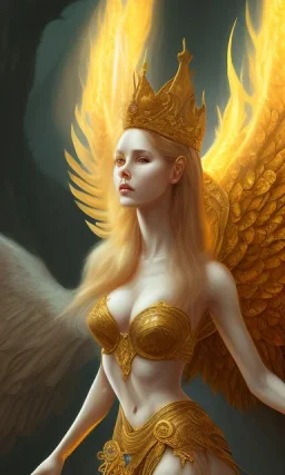 Female angel with beautiful perfect face, big fire wings and golden crown floating above the ground in the dark enviroment, anatomically correct, michelangelo style, detailed, world of warcraft style, dark forest, trees, painting, brush strokes, 8k, dark forest in the background, dramatic camera view