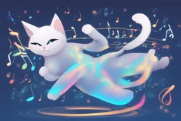 cute chibi dynamically dancing cat, holographic, bioluminescent, an image visualizing musical notes in an abstract and dynamic composition. Let the musical notes dance in the air, forming a symphony of shapes and symbols that convey the essence of sound. Show the notes floating and intertwining in air, creating a visually harmonious composition