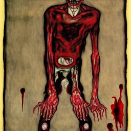 Horror Disfigured bald Vampire with longs arms and claws covered in blood, ,blood big canine teeth with blood,full body, hands with long nails by egon Schiele,