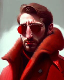 a young man who looks like hans gruber wearing a heavy coat and red sunglasses staring with an irritated look on his face