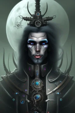 portrait of a dark male dark elf with long white hair, haunting eyes, and wearing a steampunk exoskeleton powered by gears, in fantasy style