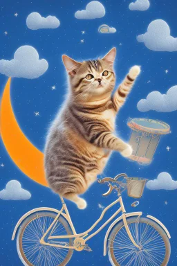 A pedaling cat riding a bicycle is flying at night in the sky over tall buildings.