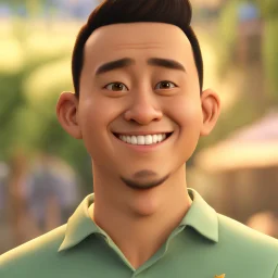 a portrait of smiling man. 30 years old. indonesian. carricature. black hair. short hair. tanned skin. black eye pupils. diamond face shape. a bit small goatee, without moustache. semi formal dress. pixar style. 3D. 4k. portrait. highly detailed. sharp focus. high resolution. full color. cinema lighting