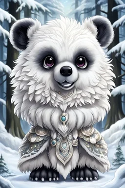 A chibi soft fluffy white furred, medium height mutant bear-cat mammal with medium snout, big dark eyes, big tassel ears, a cute fantasy creature. Tundra forest , snow in the background. sharp focus, intricate details, masterpiece