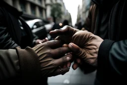 Interlaced hands on a background of city streets. photograph taken with Fuji XT-3 camera and 35 mm lens Real photograph. Photojournalism