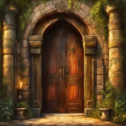The age old entrance door or portal to a market for magical items. Magical, Epic. Dramatic, highly detailed, digital painting, masterpiece, lord of the rings