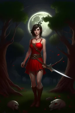 A young dark-haired witch in a red low-cut short skirt, standing under a tree, with a sword on her hip, glowing ball in her hand, photorealistic, delicate detail.