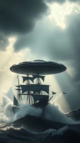 A ufo hovering above three pirate sailing ship emerges from the heart of a raging storm. Turbulent windsm of steam swirl around the iconic structure, lit by shafts of sunlight that cast dramatic shadows on the A large UFO spacecraft hovering by over three pirate’s saling ship