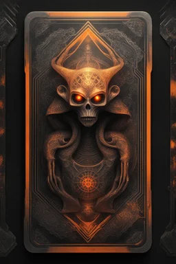 sacred geometry framed playing card, black and orange smoke gremlin with shadows boss card in the style of Giger and fallout 4 ,,bokeh like f/0.8, tilt-shift lens 8k, high detail, smooth render, down-light, unreal engine