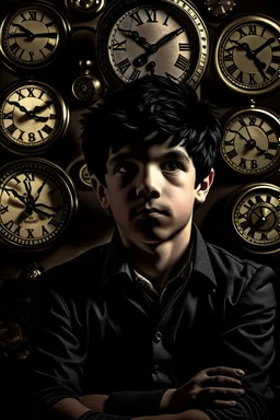 a boy with dark hair who has clocks surrounding him