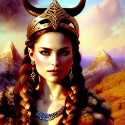 portrait beautiful face viking queen,braids,busty,horned helmet,snow,castle,mountains,ancient leather armor, balanciaga fashion clothe painting by gaston bussiere, greg rutkowski, yoji shinkawa, yoshitaka amano, tsutomu nihei, donato giancola, tim hildebrandt, oil on canvas, cinematic composition, extreme detail,fit full head inside picture,16k