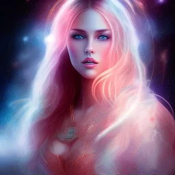 beautiful woman with long hair look the stars and northern aurora blue turquoise lights, blue, pink,