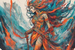 create an abstract expressionist full body illustration of a deeply spiritual, ethereal, darkly magical, epic nomadic tundra huntress with highly detailed and deeply cut facial features, searing lines and forceful strokes, precisely drawn, inked, with vibrant striking colors