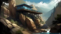 digital painting, A striking house elevated on a rocky terrain, featuring sleek glass walls that capture panoramic vistas of a sprawling deep gorge. A charming wooden bridge connects the house to a narrow, winding trail through the wilderness., vintage sepia, film effect, cold light tones, blue tones, flash light, bold and slim lines, brush strokes