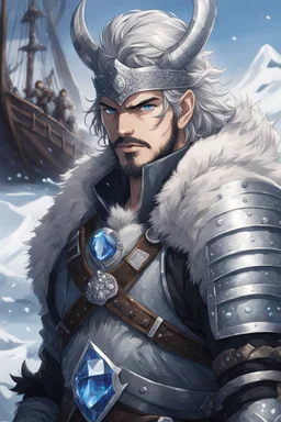 in anime style, 1man, a man with blue eyes and black hair man in silver Viking armor with fur around the neck with blue crystal on his chest holding an axe in his hands standing on a pirate ship in the artic, warrior in anime style,