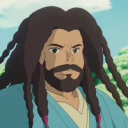 a black man with long dreadlocks, an unkempt beard, and colorful robes.