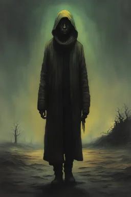 A surreal full body homeless female wander with highly detailed facial features in the style of Zdzislaw Beksinski, dark luminous colors and otherworldly aesthetic.
