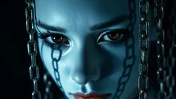 close up pale blue-white face with black-dark gold eyes with black shadow, hyper-realistic detail face, floats in deep darkness, deep blue abyss, void vibe,, vertical shadows of five chains projected on her face, crepy stunning, surreal vibe with meticulous textures, dark shadows