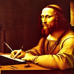 leonardo da vinci works on laptop at his desk. painting in photoshop. hyperdetailed, warm colors, movie poster, oil on canvas, lens flare